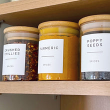 Load image into Gallery viewer, Glass Spice Jar With White Personalised Label And Airtight Natural Bamboo Lid
