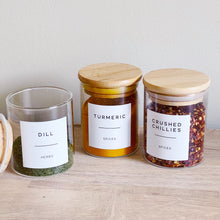 Load image into Gallery viewer, Glass Spice Jar With White Personalised Label And Airtight Natural Bamboo Lid
