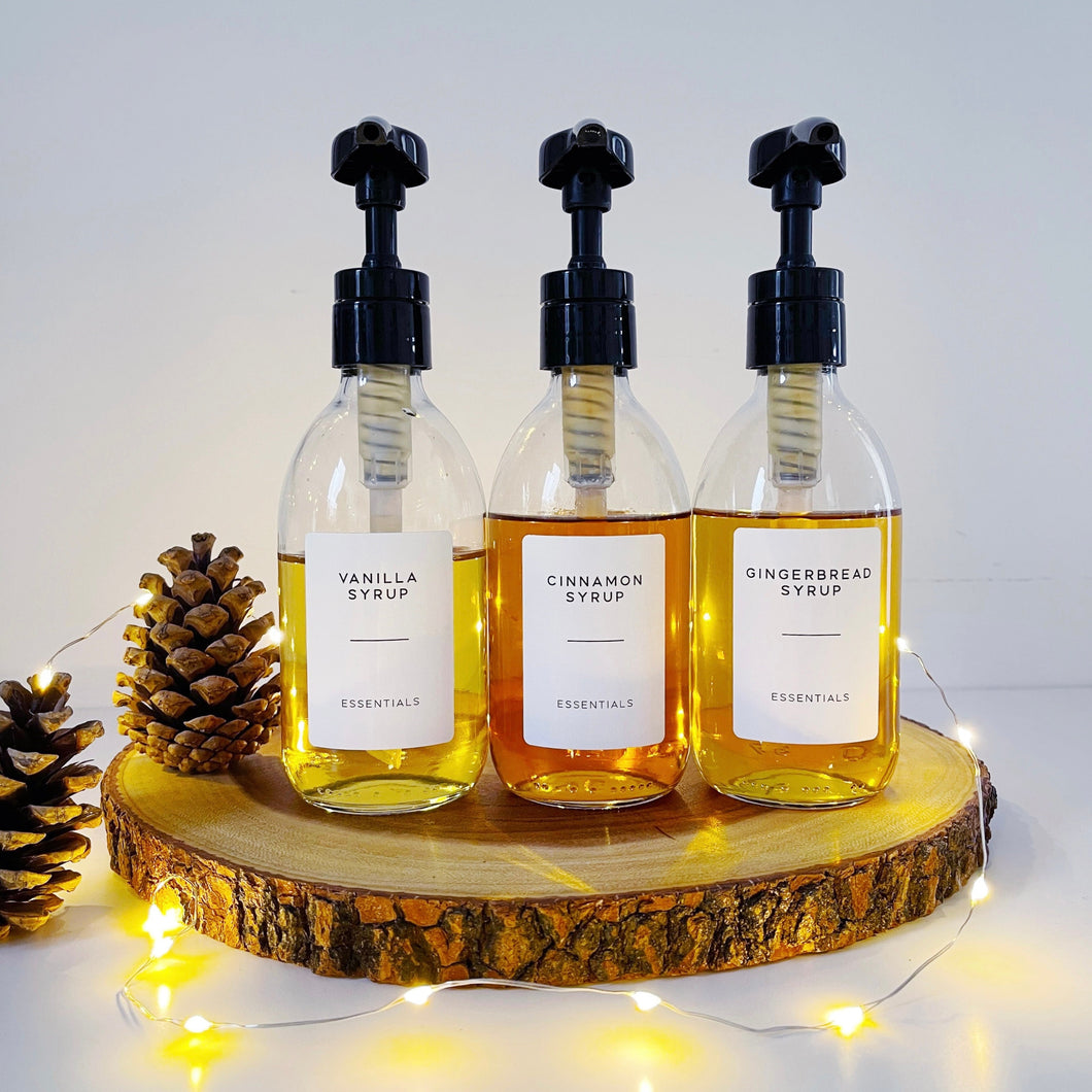 Clear Glass Syrup Dispenser Bottle With White Personalised Label And Plastic Pump
