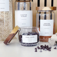 Load image into Gallery viewer, Glass Kitchen Storage Jar With White Personalised Label And Airtight Acacia Wood Lid

