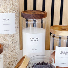 Load image into Gallery viewer, Glass Kitchen Storage Jar With White Personalised Label And Airtight Acacia Wood Lid
