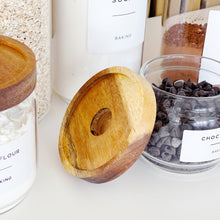 Load image into Gallery viewer, Glass Kitchen Storage Jar With White Personalised Label And Airtight Acacia Wood Lid
