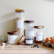 Load image into Gallery viewer, Glass Kitchen Storage Jar With White Personalised Label And Airtight Acacia Wood Lid

