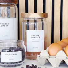 Load image into Gallery viewer, Glass Kitchen Storage Jar With White Personalised Label And Airtight Acacia Wood Lid
