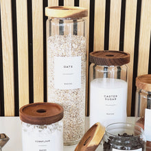 Load image into Gallery viewer, Glass Kitchen Storage Jar With White Personalised Label And Airtight Acacia Wood Lid

