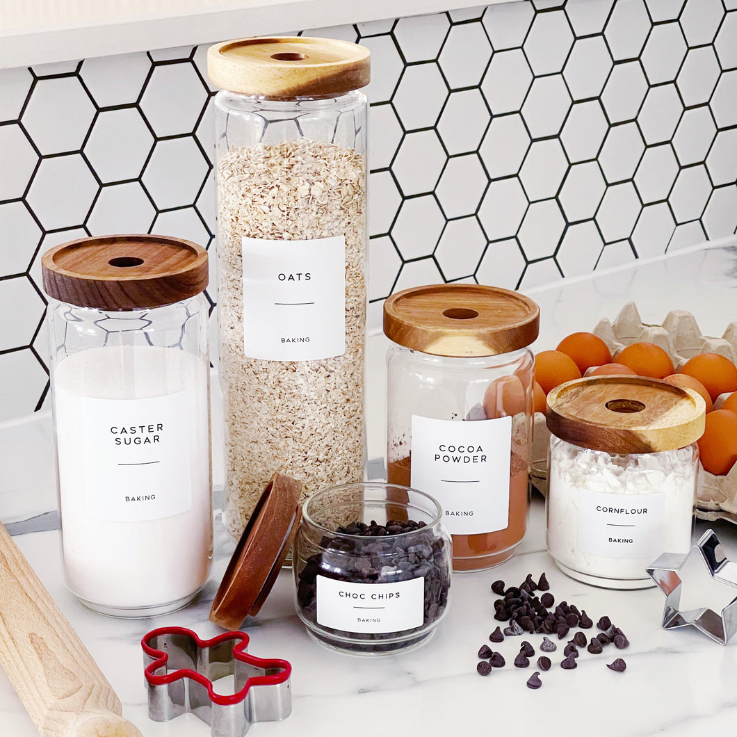 Glass Kitchen Storage Jar With White Personalised Label And Airtight Acacia Wood Lid