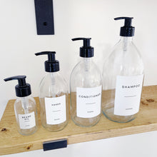 Load image into Gallery viewer, Clear Glass Dispenser Bottle With White Personalised Label And Plastic Pump
