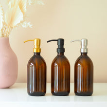 Load image into Gallery viewer, Amber Glass Or Plastic Dispenser Bottle With Metal Pump

