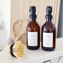 Load image into Gallery viewer, Amber Dispenser Bottle With White Personalised Label And Black Metal Pump
