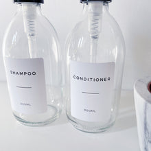 Load image into Gallery viewer, Clear Glass Dispenser Bottle With White Personalised Label And Plastic Pump
