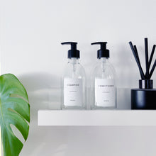 Load image into Gallery viewer, Clear Glass Dispenser Bottle With White Personalised Label And Plastic Pump
