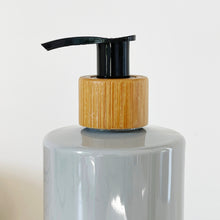 Load image into Gallery viewer, Grey Plastic Dispenser Bottle With White Personalised Label And Bamboo Pump

