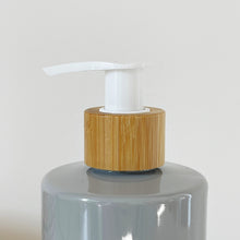 Load image into Gallery viewer, Grey Plastic Dispenser Bottle With White Personalised Label And Bamboo Pump
