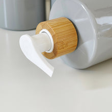 Load image into Gallery viewer, Grey Plastic Dispenser Bottle With White Personalised Label And Bamboo Pump
