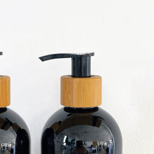 Load image into Gallery viewer, Black Plastic Dispenser Bottle With White Personalised Label And Bamboo Pump
