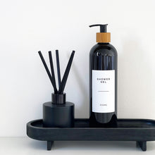 Load image into Gallery viewer, Black Plastic Dispenser Bottle With White Personalised Label And Bamboo Pump
