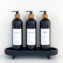 Load image into Gallery viewer, Black Plastic Dispenser Bottle With White Personalised Label And Bamboo Pump

