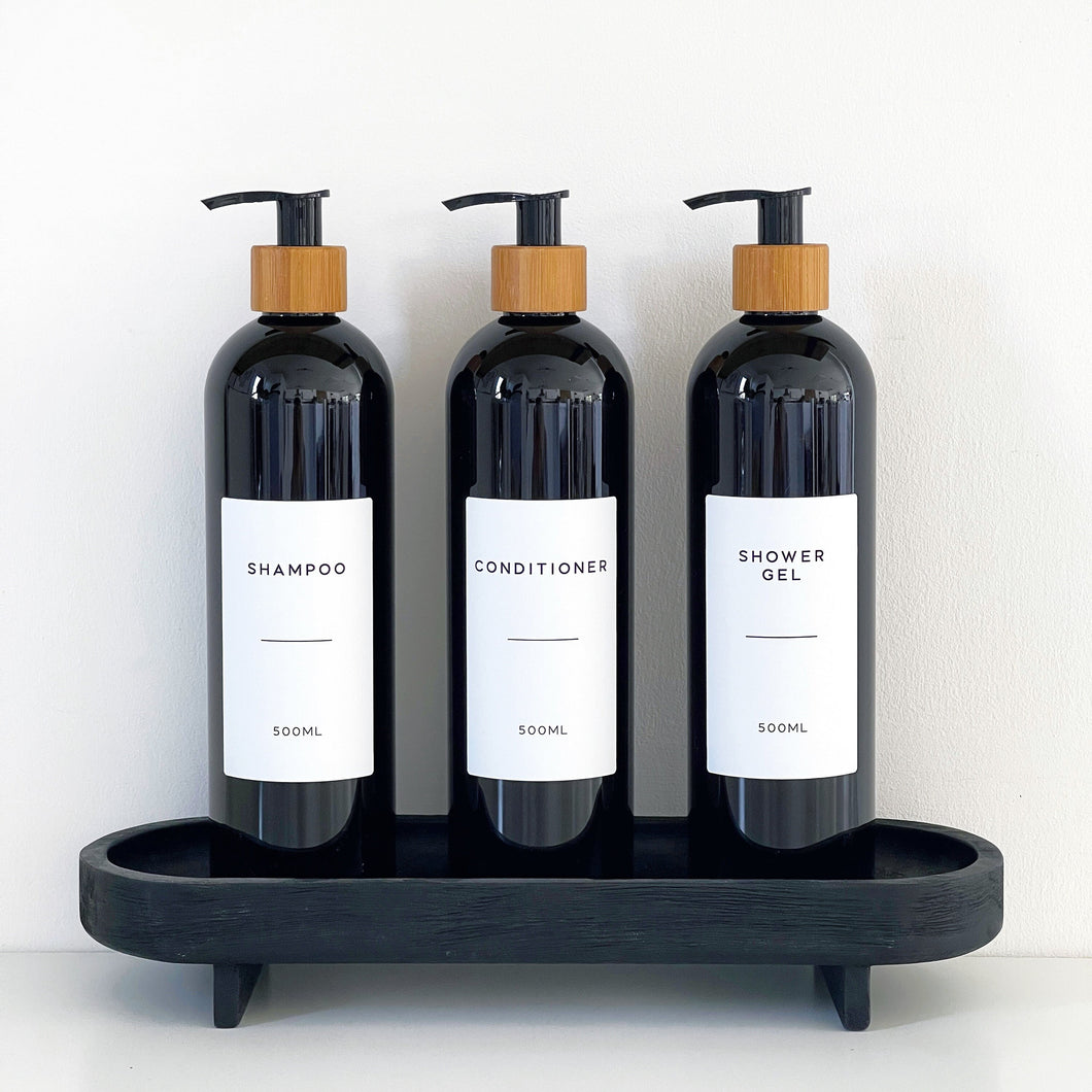 Black Plastic Dispenser Bottle With White Personalised Label And Bamboo Pump
