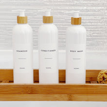 Load image into Gallery viewer, White Plastic Dispenser Bottle With White Personalised Label And Bamboo Pump
