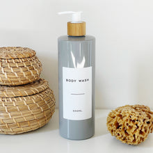 Load image into Gallery viewer, Grey Plastic Dispenser Bottle With White Personalised Label And Bamboo Pump
