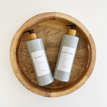 Load image into Gallery viewer, Grey Plastic Dispenser Bottle With White Personalised Label And Bamboo Pump
