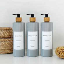Load image into Gallery viewer, Grey Plastic Dispenser Bottle With White Personalised Label And Bamboo Pump
