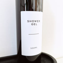 Load image into Gallery viewer, Black Plastic Dispenser Bottle With White Personalised Label And Bamboo Pump

