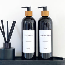 Load image into Gallery viewer, Black Plastic Dispenser Bottle With White Personalised Label And Bamboo Pump
